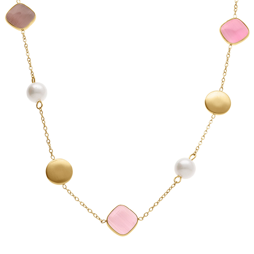 Collier en acier dor� avec perle blanche imitation et pierres roses effet oeil de chat - 40+5cm - Vue 1