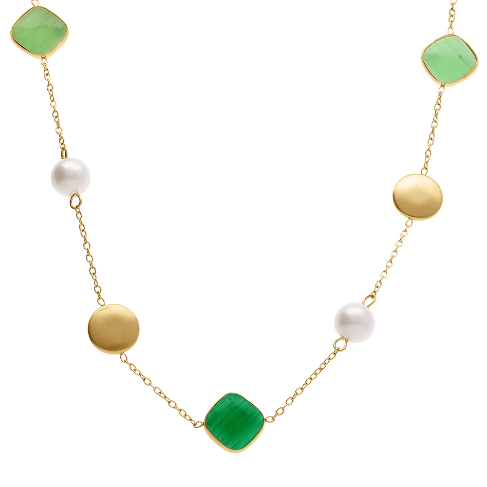 Collier en acier dor�  avec perle blanche imitation et pierres vertes  effet oeil de chat - 40+5cm - Vue 1