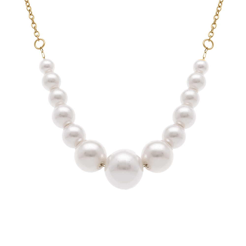 Collier en acier dor� avec perles  blanches imitation -  40+5cm - Vue 1