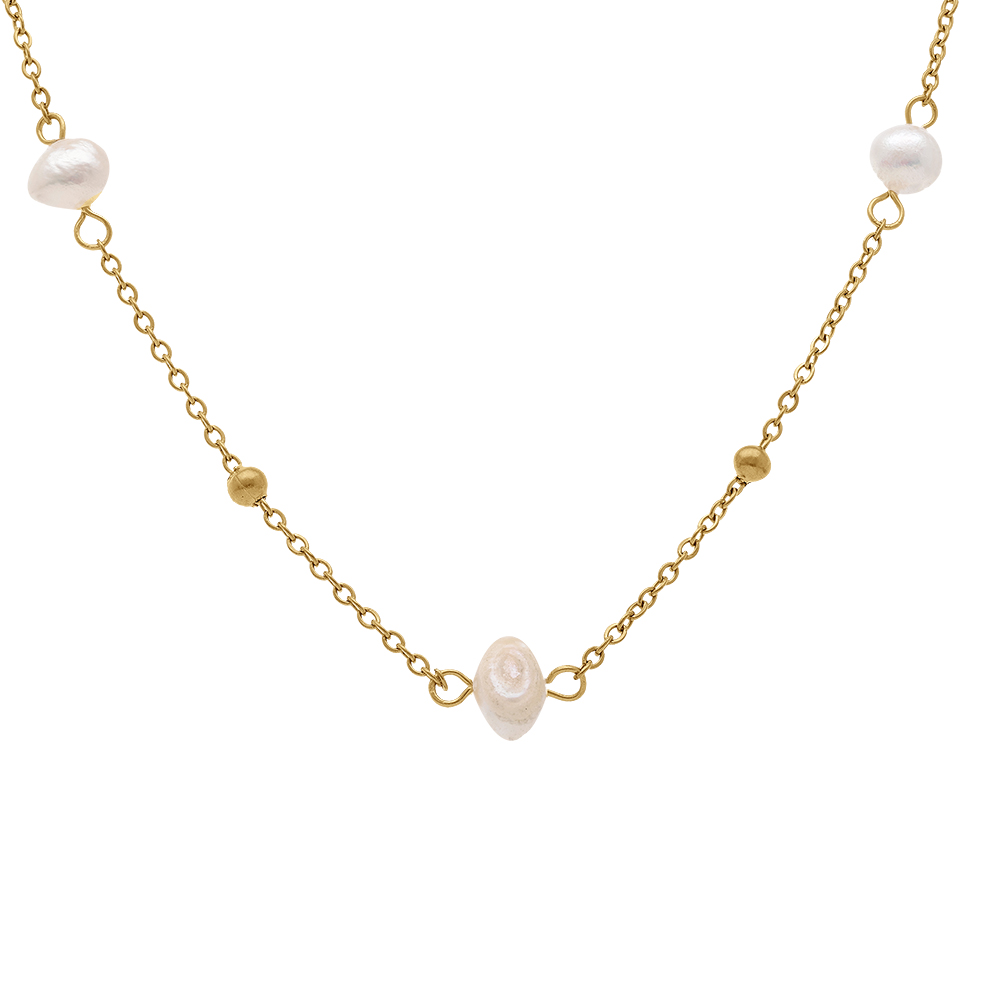 Collier en acier dor� avec perles de culture d\'eau douce blanches -  38.5+5cm - Vue 1