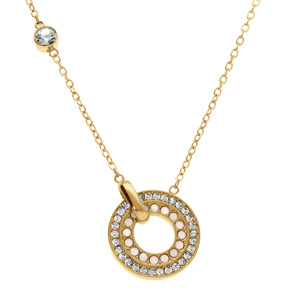 Collier en acier dor avec rondelle d'oxydes blancs et opales blanches imitation  l'intrieur - 40+5cm