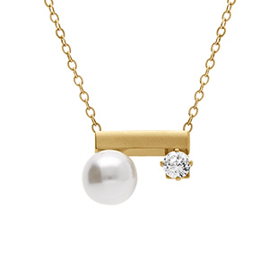 Collier en acier dor barrette avec perle imitation blanche et oxyde blan c- 40+5cm