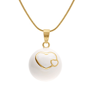 Collier en acier dor� bola de grossesse rond 21mm r�sine blanche et coeurs  - 90+20cm