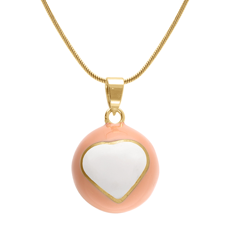 Collier en acier dor� bola de grossesse rond 21mm r�sine rose et coeur blanc - 90+20cm - Vue 1