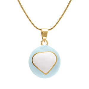Collier en acier dor� bola de grossesse rond r�sine 21mm bleu ciel et coeur blanc - 90+20cmen