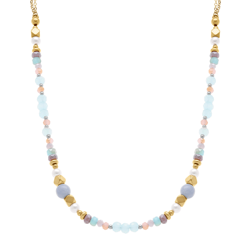 Collier en acier dor� boules 4mm verre facet� perle imitation et s�l�nite - 40+10cm - Vue 1