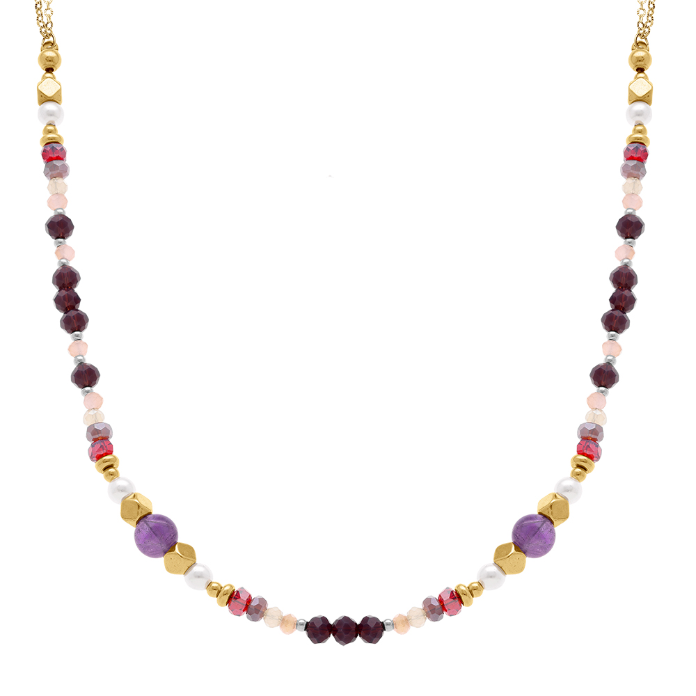 Collier en acier dor� boules 4mm verre facet� perles imitation et am�thyste 6mm v�ritable - 40+10cm - Vue 1