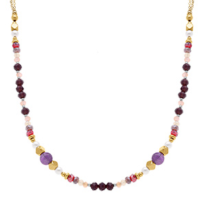Collier en acier dor boules 4mm verre facet perles imitation et amthyste 6mm vritable - 40+10cm