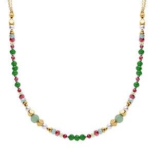 Collier en acier dor boules 4mm verre facet perles imitation et aventurine 6mm vritable - 40+10cm