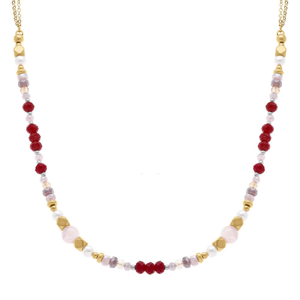 Collier en acier dor� boules verre 4mm facet� perle imitation et quartz 6mm v�ritable - 40+10cm - Vue 1