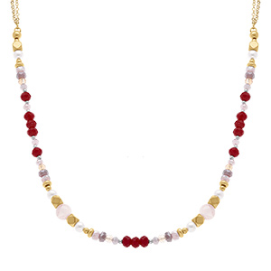 Collier en acier dor boules verre 4mm facet perle imitation et quartz 6mm vritable - 40+10cm