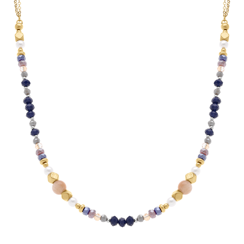 Collier en acier dor� boules verre 4mm facet� perles imitation et pierre de lune - 40+10cm - Vue 1