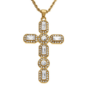 Collier en acier dor� chaine corde avec pendentif croix avec oxydes blancs - 45+5cm