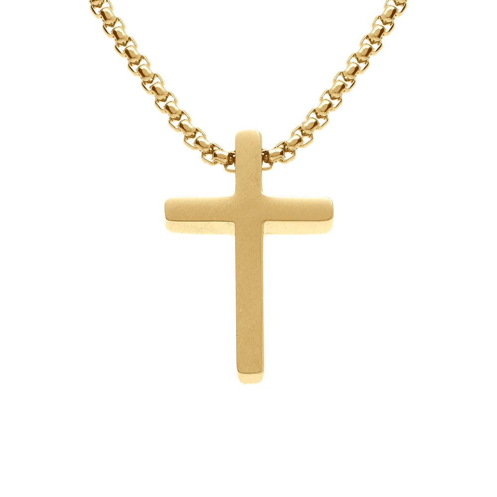 Collier en acier dor chane jaseron pendentif croix satine 20 x 12mm - 50cm rglable 45cm - Vue 1