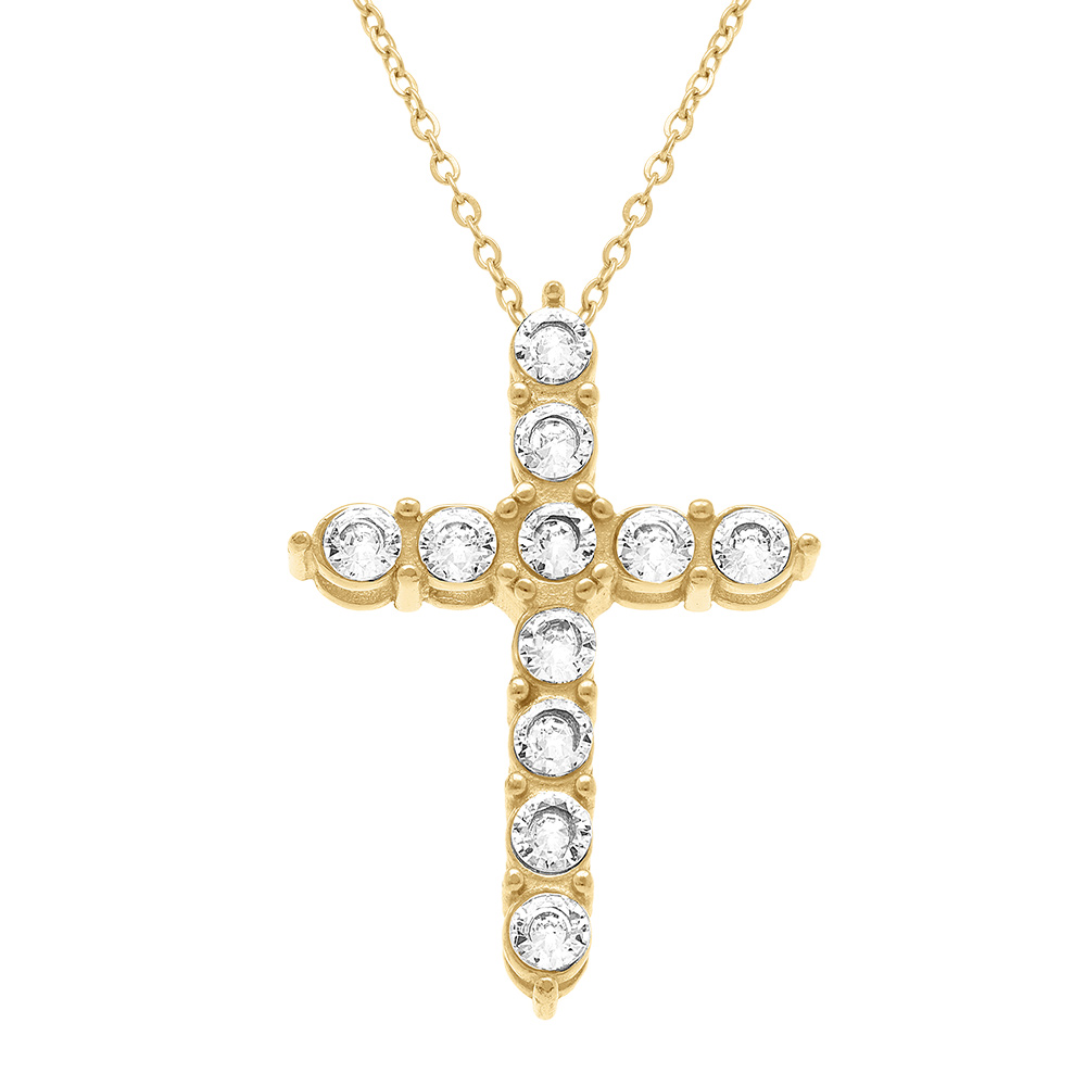 Collier en acier dor� cha�ne maille forcat avec pendentif croix 33mm orn� d\'oxydes blancs -45+10cm - Vue 1