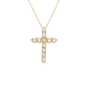 Collier en acier dor chane maille forcat avec pendentif croix 33mm orn d\'oxydes blancs -45+10cm - Vue 1
