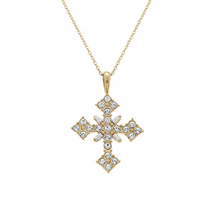 Collier en acier doré chaîne maille forcat avec pendentif croix stylisé 32mm orné d\'oxydes blancs -45+10cm - Vue 1