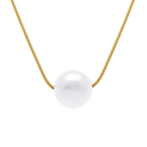 Collier en acier dor chaine maille serpent avec pendentif perle blanche imitation 6mm - 40+5cm