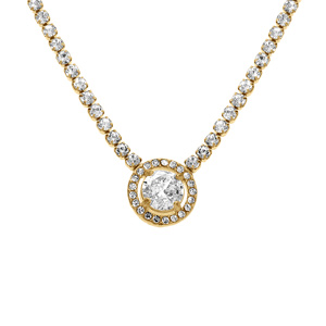 Collier en acier doré chaîne rail d\'oxydes blancs sertis et pendentif rond oxyde blanc et contour blanc - 38+5cm - Vue 1