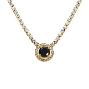 Collier en acier doré chaîne rail d\'oxydes blancs sertis et pendentif rond oxyde noir et contour blanc - 38+5cm - Vue 1