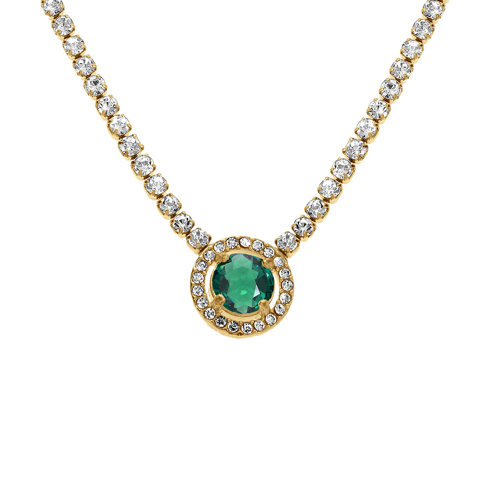 Collier en acier dor� cha�ne rail d\'oxydes blancs sertis et pendentif rond oxyde vert et contour blanc -  38+5cm - Vue 1