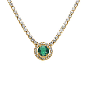 Collier en acier doré chaîne rail d\'oxydes blancs sertis et pendentif rond oxyde vert et contour blanc - 38+5cm - Vue 1