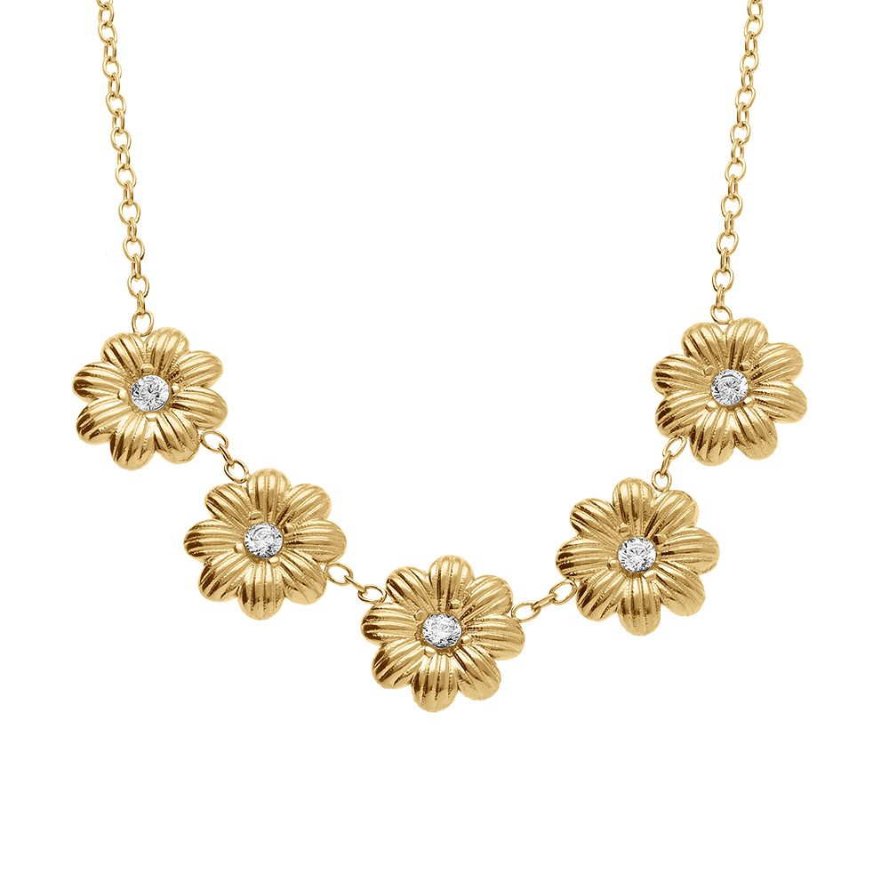 Collier en acier dore cinq  fleurs avec oxydes blancs sertis - 42+5cm - Vue 1