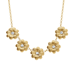 Collier en acier dore cinq  fleurs avec oxydes blancs sertis - 42+5cm