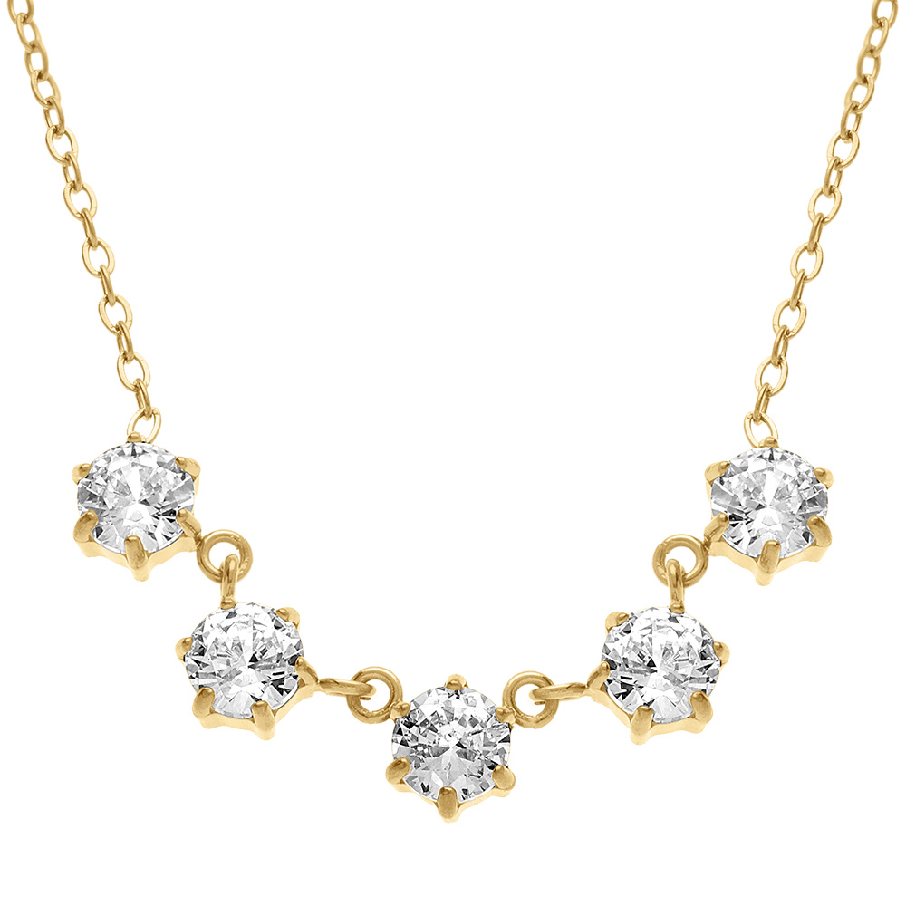 Collier en acier dor� cinq oxydes blancs sertsi griffes - 41+5cm - Vue 1