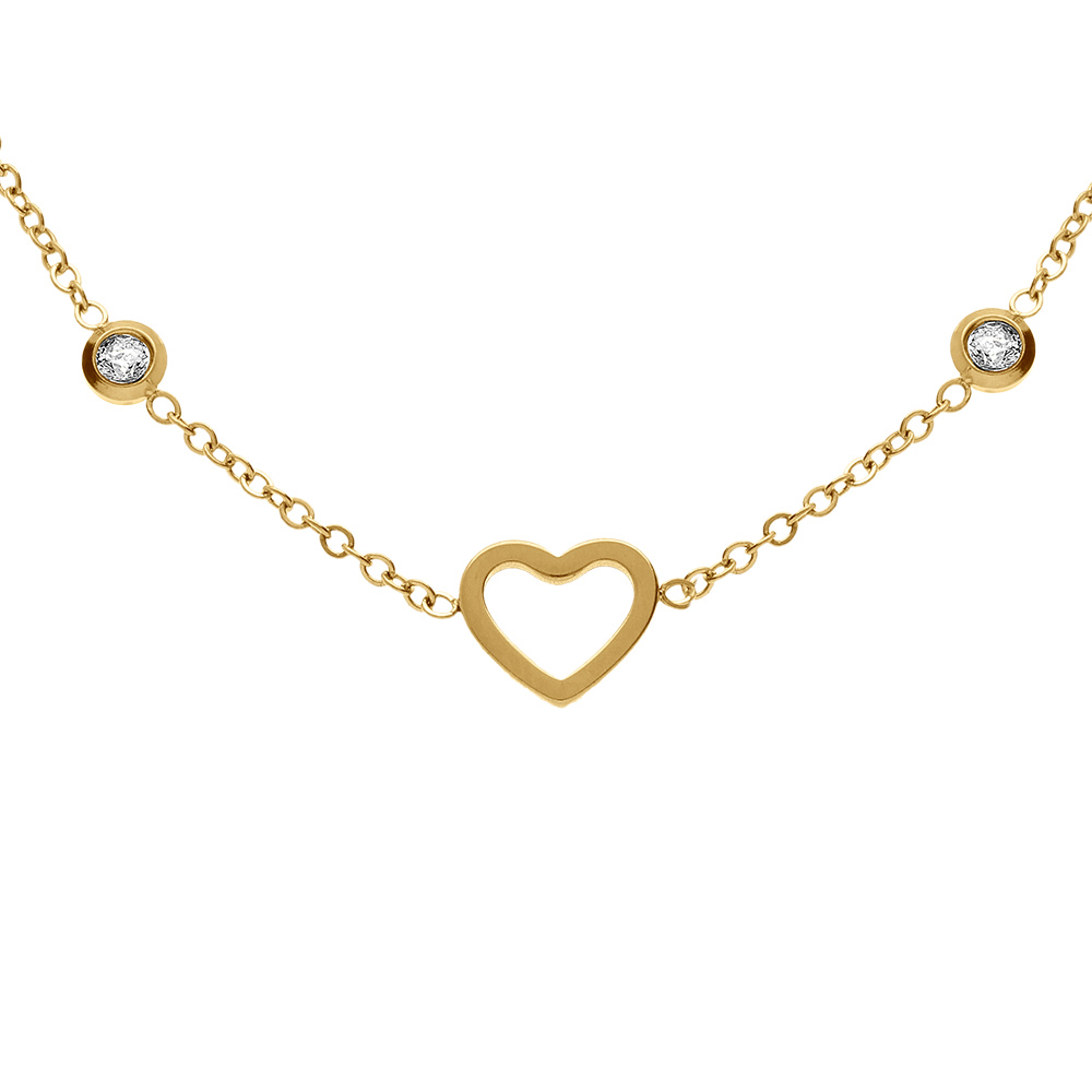 Collier en acier dor� coeurs �vid�s et oxydes blancs sertis - 39+5cm - Vue 1