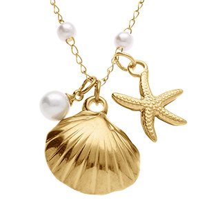 Collier en acier dor� coquillage, etoile de mer et perles blanches imitation - 41.5+5.5cm