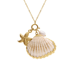 Collier en acier dor� coquillage imitation, etoile de mer et perle blanche imitation -  50+5cm