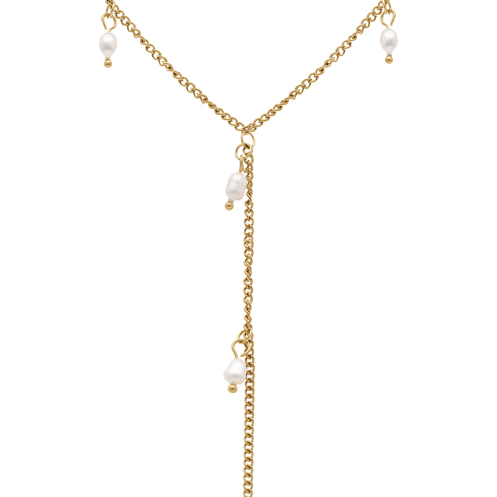 Collier en acier dor� cravate (10cm) perles blanches imitation  - 40+5cm - Vue 1