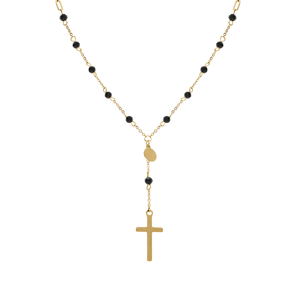 Collier en acier dor� cravate boules noires et croix  - 45+5cm - Vue 1