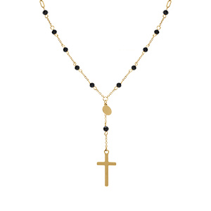 Collier en acier dor� cravate boules noires et croix  - 45+5cm