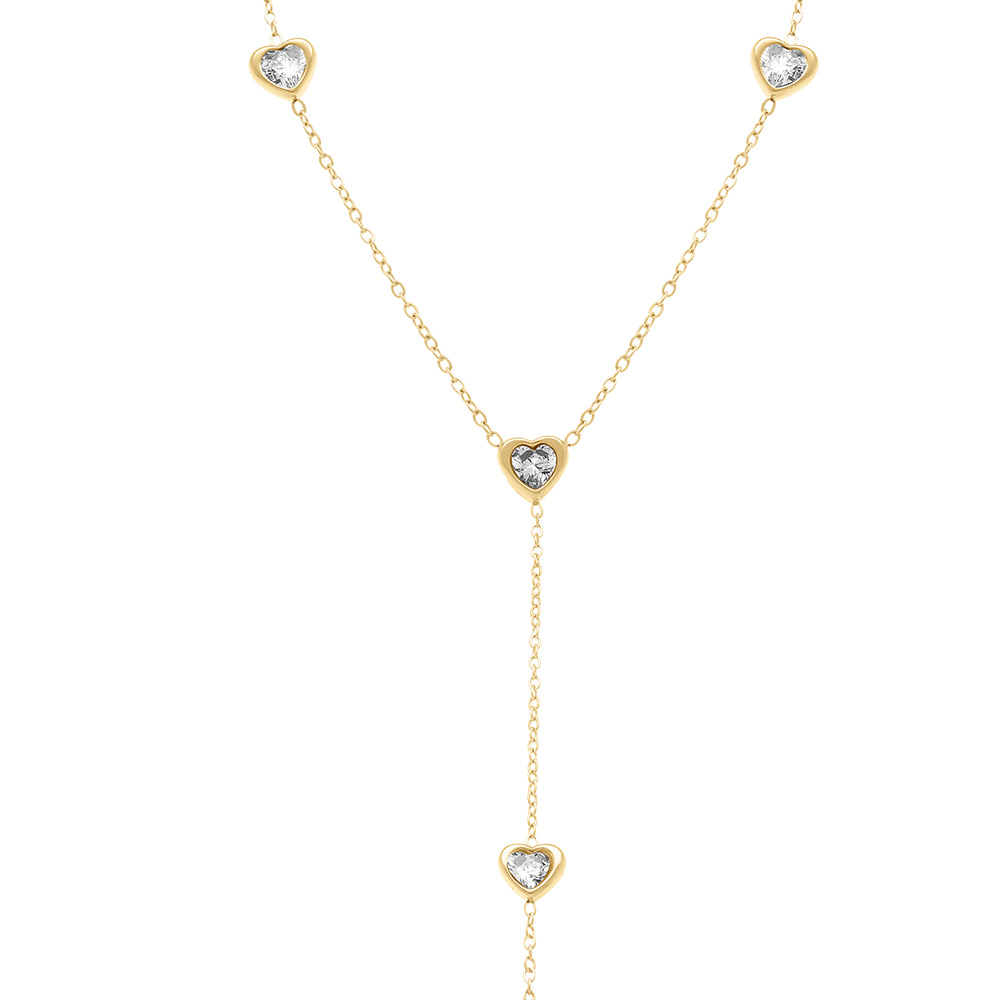 Collier en acier dor� cravate coeurs avec oxydes blancs  - 40+5cm - Vue 1