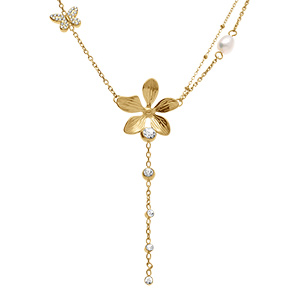 Collier en acier dor cravate fleur et papillon et oxyde blanc et perle blanche imitation - 43+5cm