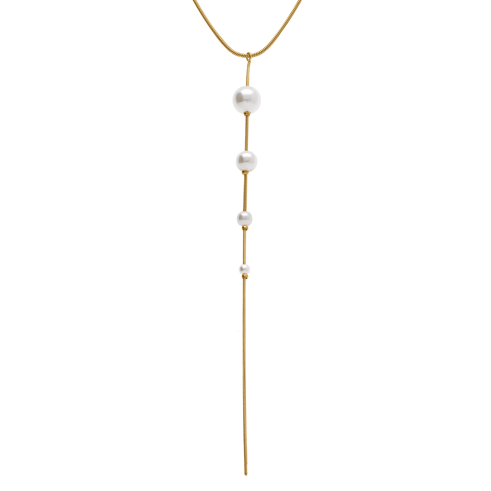 Collier en acier dor� cravate quatre perles imitation blanche - 42+5cm - Vue 1