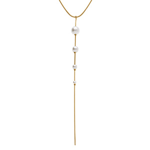 Collier en acier dor cravate quatre perles imitation blanche - 42+5cm