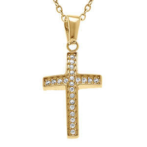 Collier en acier dor� croix 17mm x 10mm oxydes blancs sertis - 40+5cm