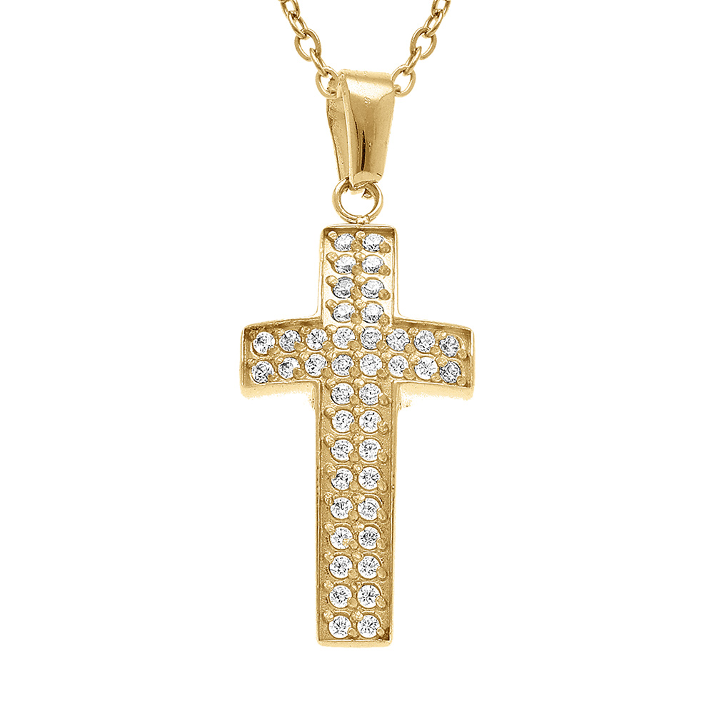 Collier en acier dor� croix 20mm x 10mm oxydes blancs sertis - 40+5cm - Vue 1