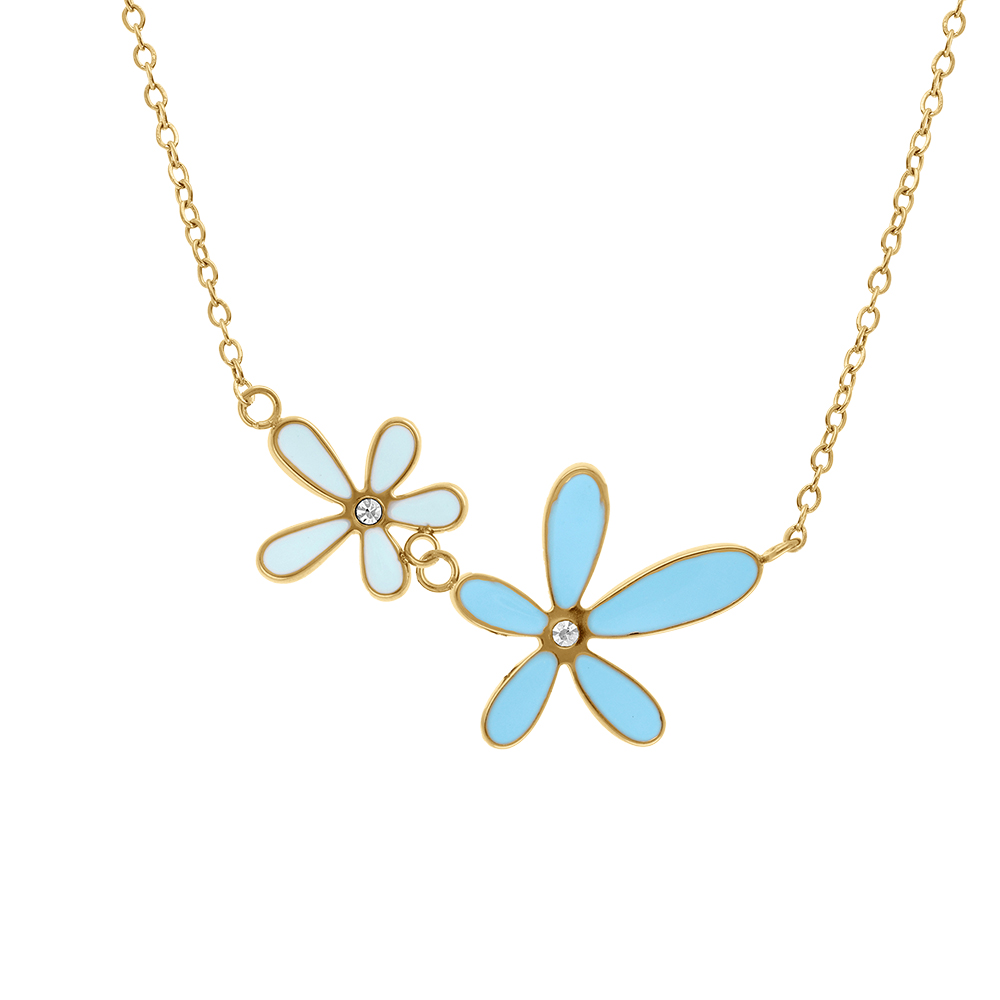 Collier en acier dor� deux fleur en r�sine bleu - 40+5cm - Vue 1