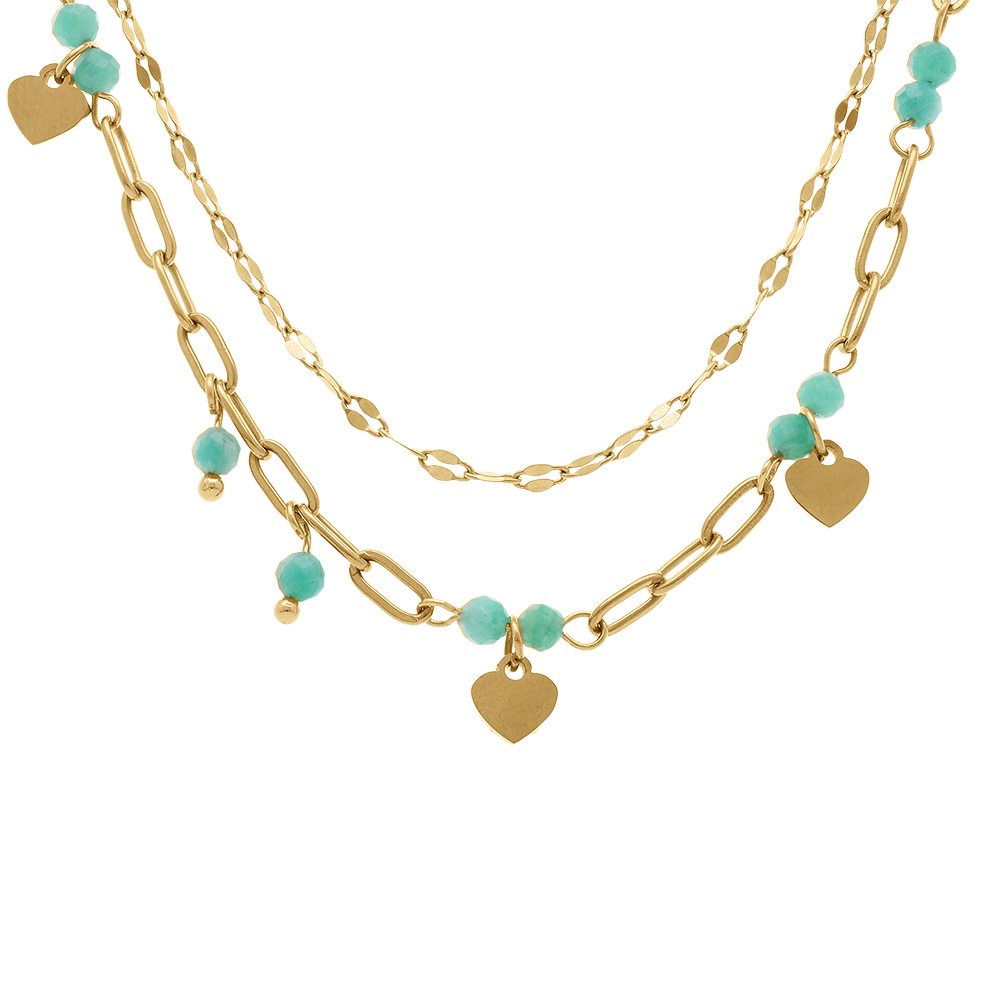 Collier en acier dor� deux  rangs coeurs lisses et agates bleues,  39+5cm - Vue 1