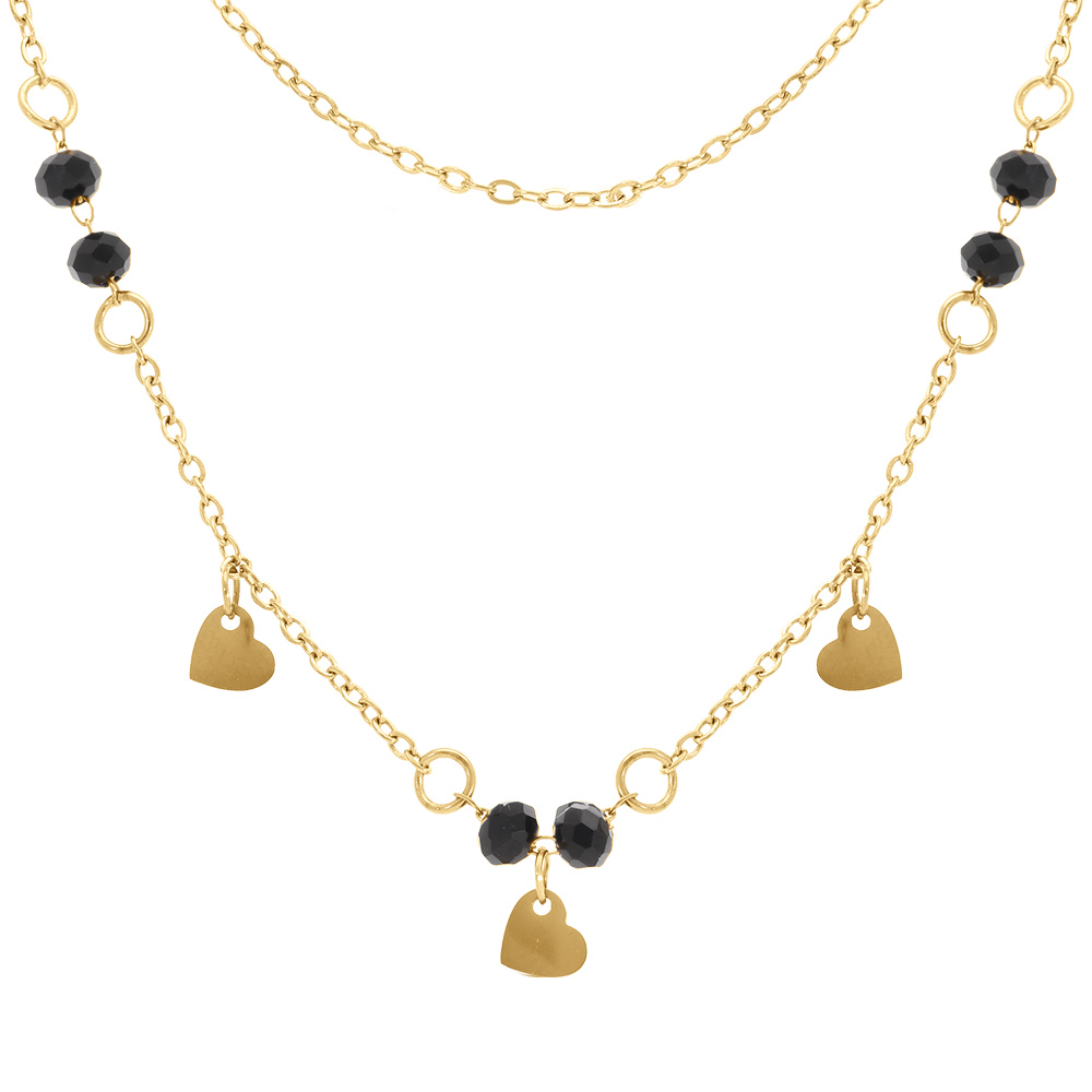 Collier en acier dor� deux rangs coeurs lisses et oxydes noirs facet�s  - 39+5cm - Vue 1