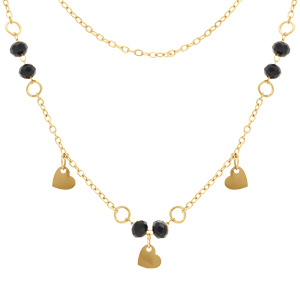 Collier en acier doré deux rangs coeurs lisses et oxydes noirs facetés - 39+5cm - Vue 1
