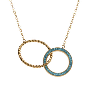Collier en acier doré double cercles l\'un torsadé et l\'autre en résine et strass bleus, 40+50cm - Vue 1