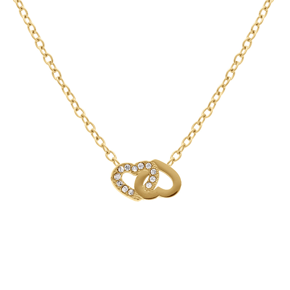 Collier en acier dor� double coeur entrelac� un lisse et un en contour d\'oxydes blancs  - 38+5cm - Vue 1