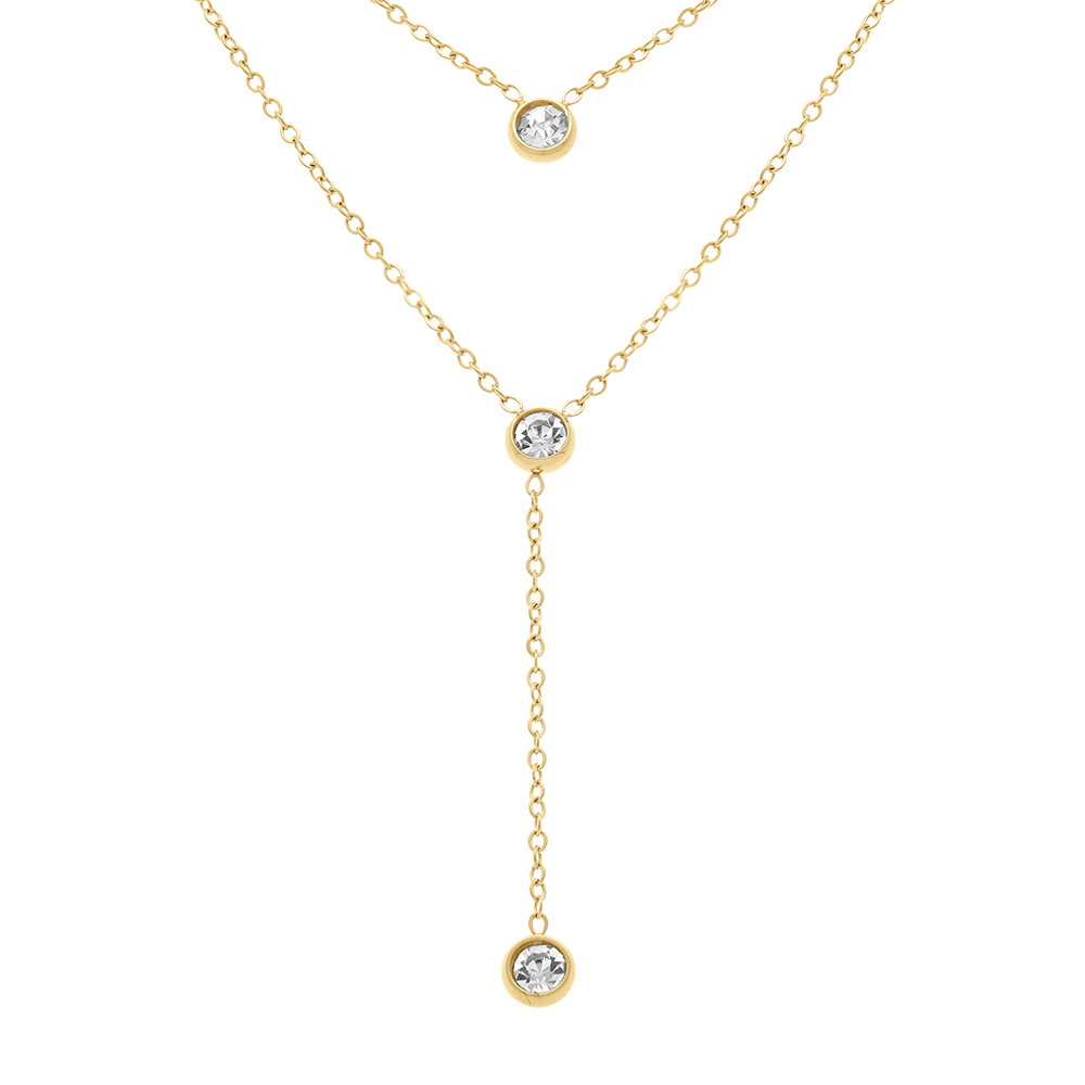 Collier en acier dor� double cravate avec oxydes blancs serti clos - 40+5cm - Vue 1