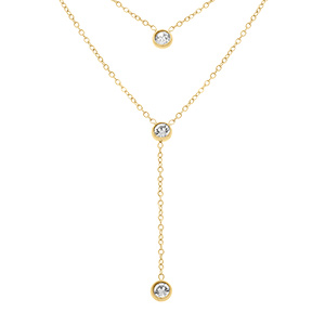 Collier en acier dor� double cravate avec oxydes blancs serti clos - 40+5cm