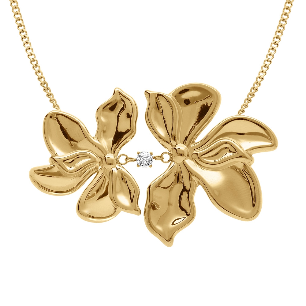 Collier en acier dor� double fleur 40mm et un oxyde blanc serti  - 43+5cm - Vue 1